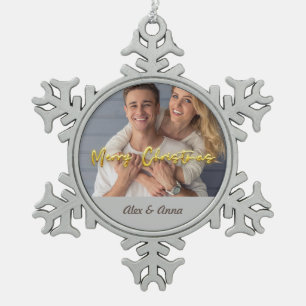 Gepersonaliseerde Fotosjabloon Goud en grijs Merry Tin Sneeuwvlok Ornament