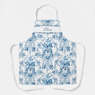 Gepersonaliseerde Franse Rococo Blue & White Flora Schort