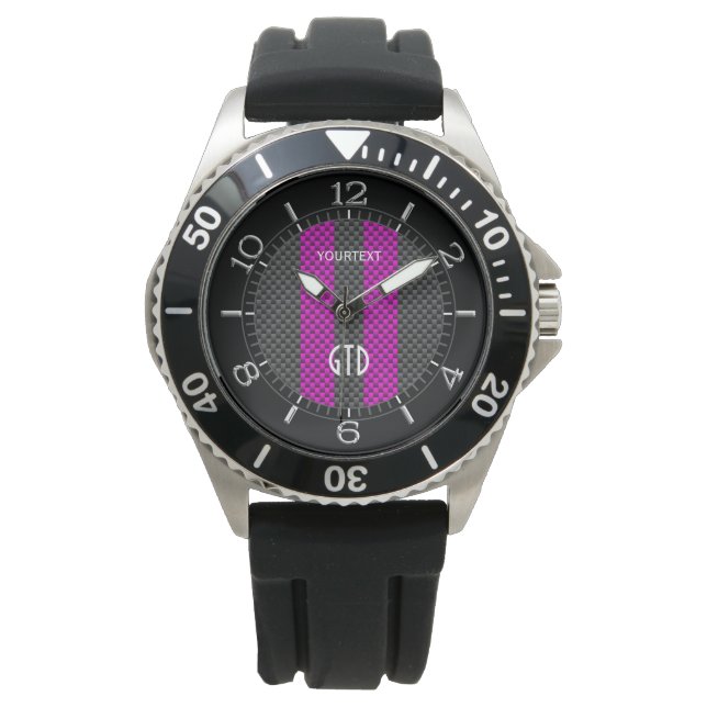 Gepersonaliseerde Fuchsia Racing Stripes Carbon St Horloge (Voorkant)