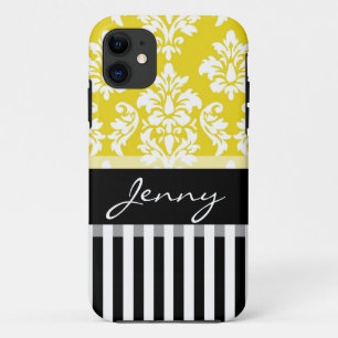 Gepersonaliseerde gele Damask Black Stripes iPhone 11 Hoesje