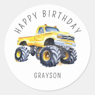 Gepersonaliseerde Gele Monster Truck Verjaardagsca Ronde Sticker