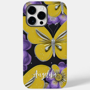 Gepersonaliseerde gele vlinders en paarse bloemen Case-Mate iPhone 14 pro max hoesje