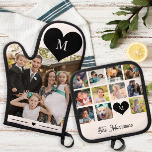 Gepersonaliseerde gezinsfotocollage naam monogram ovenwant & pannenlap set