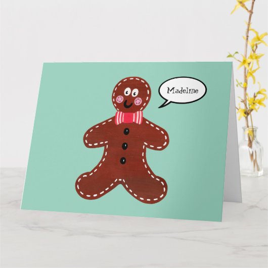 Gepersonaliseerde Gingerbread Man Kerstmis Kaart (Gele Bloem)
