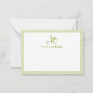 Gepersonaliseerde Gingham Licht Groen Elegant Mono Notitiekaartje