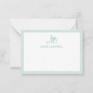 Gepersonaliseerde Gingham Mint Green Butterfly Mon Notitiekaartje