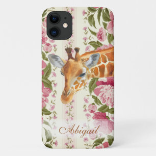 Gepersonaliseerde Giraffe met roze bloemen iPhone 11 Hoesje