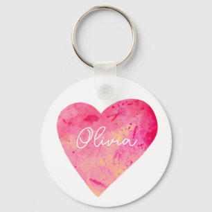 Gepersonaliseerde Girly Pink Waterverf Heart Sleutelhanger