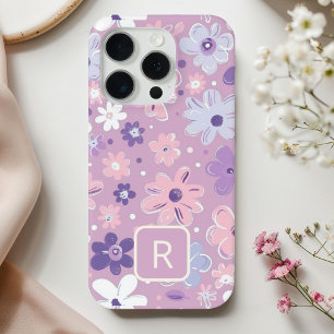 Gepersonaliseerde Girly Purple Flowers Patroon iPhone 15 Pro Case