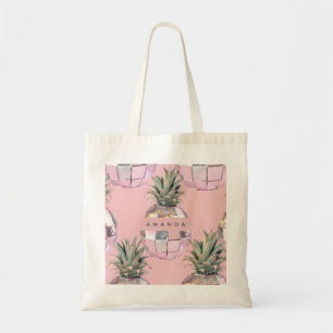 Gepersonaliseerde Glam Disco Ananas Roze Metaalgla Tote Bag