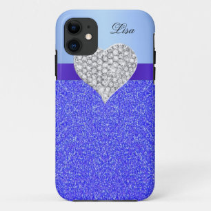 Gepersonaliseerde Glamour Heart Blue Glitter iPhone 11 Hoesje