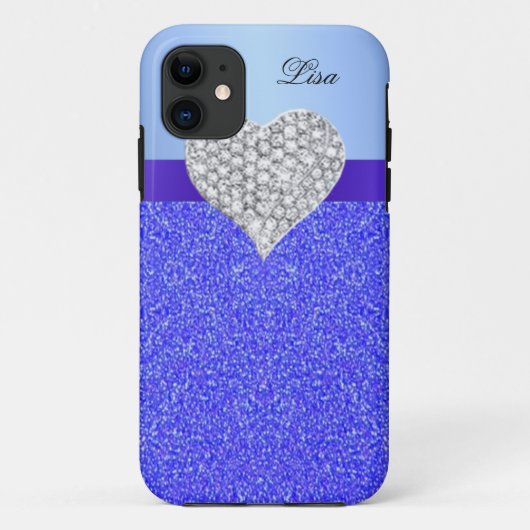Gepersonaliseerde Glamour Heart Blue Glitter Case-Mate iPhone Case (Achterkant)
