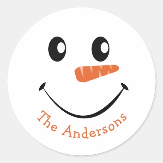 Gepersonaliseerde glimlachende sneeuwpop ronde sticker (Voorkant)