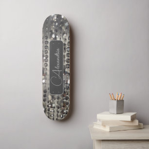 Gepersonaliseerde glitterij zilveren snaarkralen skateboard