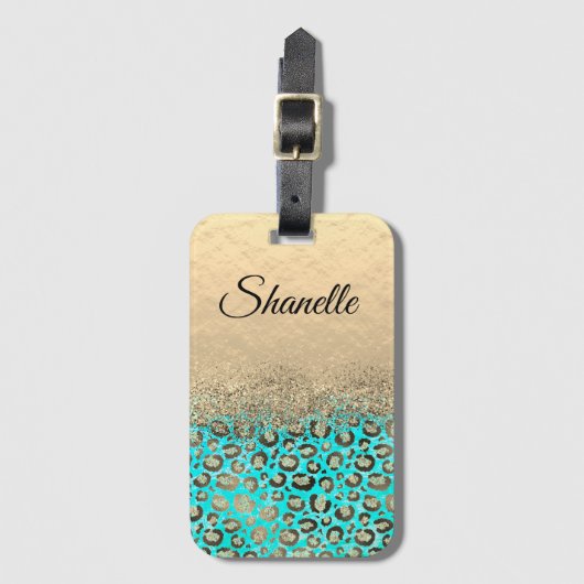 Gepersonaliseerde Glittery Turquoise Luipaard Bagagelabel (Voorkant (verticaal))