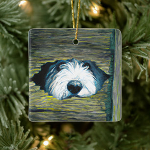 Gepersonaliseerde gluren Oud Engels Sheepdog hond Keramisch Ornament