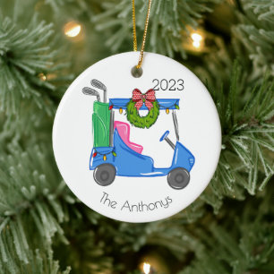 Gepersonaliseerde golfkar Kerstverlichting krans Keramisch Ornament