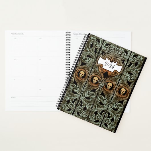 Gepersonaliseerde Gothic Groen Ornament & schedel Planner (Display)