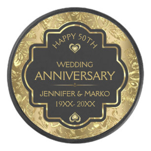 Gepersonaliseerde Goud & Zwart 50ste bruiloft Jubi Hockey Puck