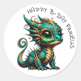 Gepersonaliseerde Gouden Blauwgroen Dragon Boy's V Ronde Sticker