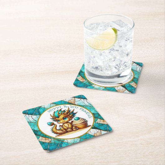 Gepersonaliseerde gouden Blauwgroen Dragon Boy's v Vierkante Kartonnen Onderzetter (Insitu)