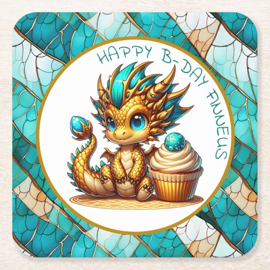 Gepersonaliseerde gouden Blauwgroen Dragon Boy's v Vierkante Kartonnen Onderzetter (Voorkant)