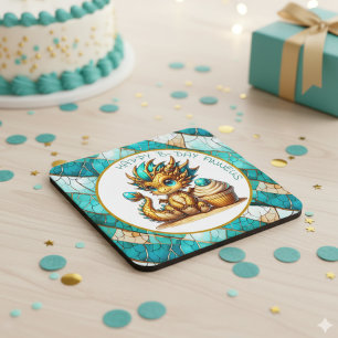 Gepersonaliseerde gouden Blauwgroen Dragon Boy's v Vierkante Kartonnen Onderzetter