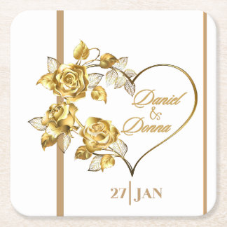 Gepersonaliseerde gouden bruiloft vierkante kartonnen onderzetter