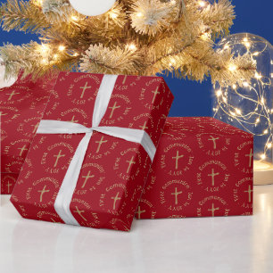 Gepersonaliseerde gouden en rode wijn eerste commu cadeaupapier