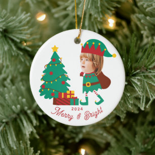 Gepersonaliseerde Grappige Gezichtsfoto Kerst Elf  Keramisch Ornament