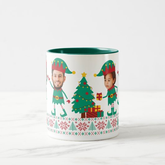 Gepersonaliseerde Grappige Gezichtsfoto Kerst Elf Tweekleurige Koffiemok (Center)