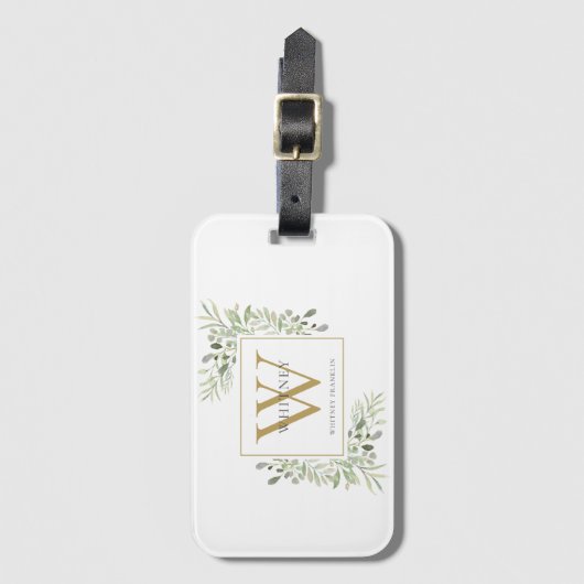 Gepersonaliseerde Greenery Gold Monogram Modern Bagagelabel (Voorkant (verticaal))