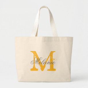 Gepersonaliseerde grijs en geel monogram canvas ta grote tote bag