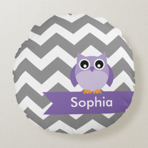 Gepersonaliseerde Grijze Chevron Paarse Uil Rond Kussen