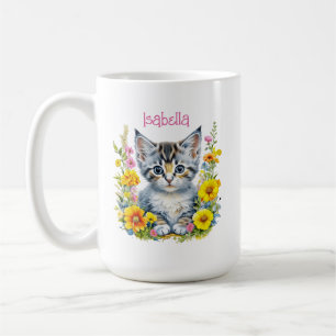 Gepersonaliseerde grijze kitten en bloemen Waterve Koffiemok