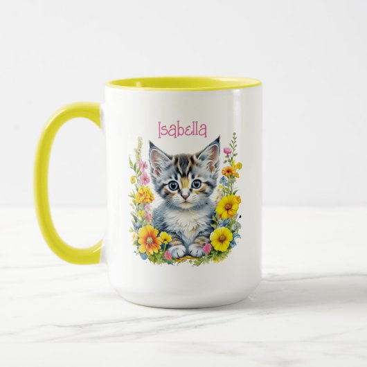 Gepersonaliseerde grijze kitten en bloemen Waterve Mok (Links)