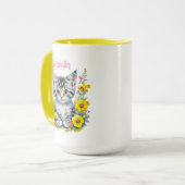 Gepersonaliseerde grijze kitten en bloemen Waterve Mok (Voorkant links)