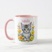 Gepersonaliseerde grijze kitten en bloemen Waterve Mok (Links)