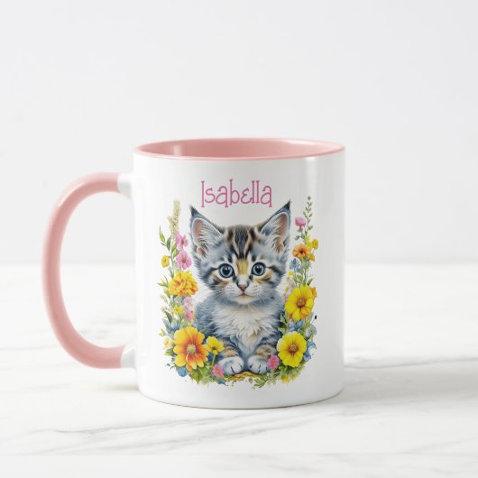 Gepersonaliseerde grijze kitten en bloemen Waterve Mok (Links)