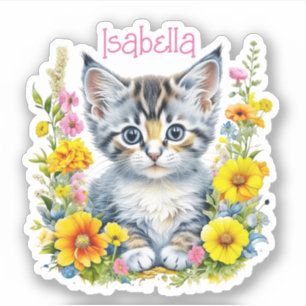 Gepersonaliseerde grijze kitten en bloemen Waterve Sticker