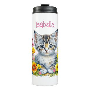 Gepersonaliseerde grijze kitten en bloemen Waterve Thermosbeker