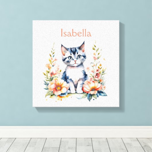 Gepersonaliseerde grijze kitten in roze bloemen canvas afdruk (Insitu (Houten vloer))