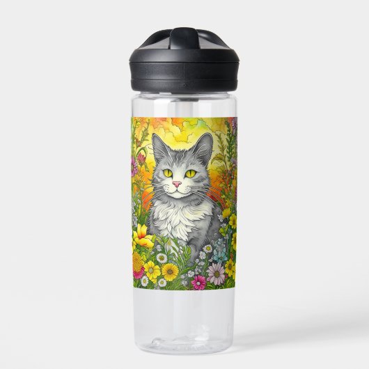 Gepersonaliseerde grillige kat en bloemen waterfles (Voorkant)