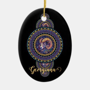 Gepersonaliseerde grillige Ram Siermandala Keramisch Ornament