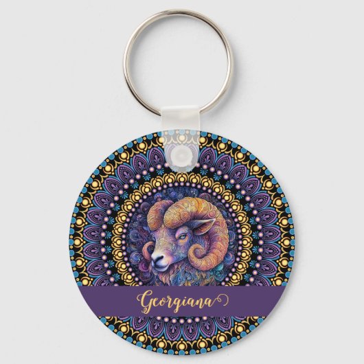 Gepersonaliseerde grillige Ram Zodiac Dot Mandala Sleutelhanger (Voorkant)
