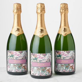 Gepersonaliseerde Groen en Roze Marmer Abstracte C Sparkling Wijnetiket