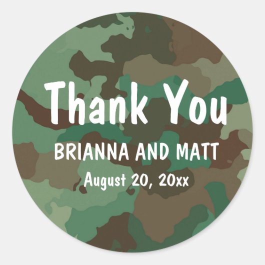 Gepersonaliseerde groene Camo dank u bruiloft Stic Ronde Sticker (Voorkant)