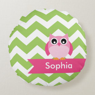 Gepersonaliseerde Groene Chevron Pink Owl Rond Kussen