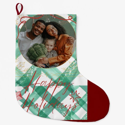 Gepersonaliseerde groene gingham grote kerstsok (Voorkant)