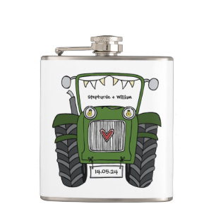 Gepersonaliseerde groene tractor land bruiloft cad heupfles